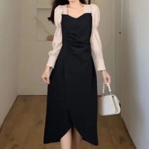 Long-Sleeve Two Tone Queen-Anne Neckline A-Line Dress